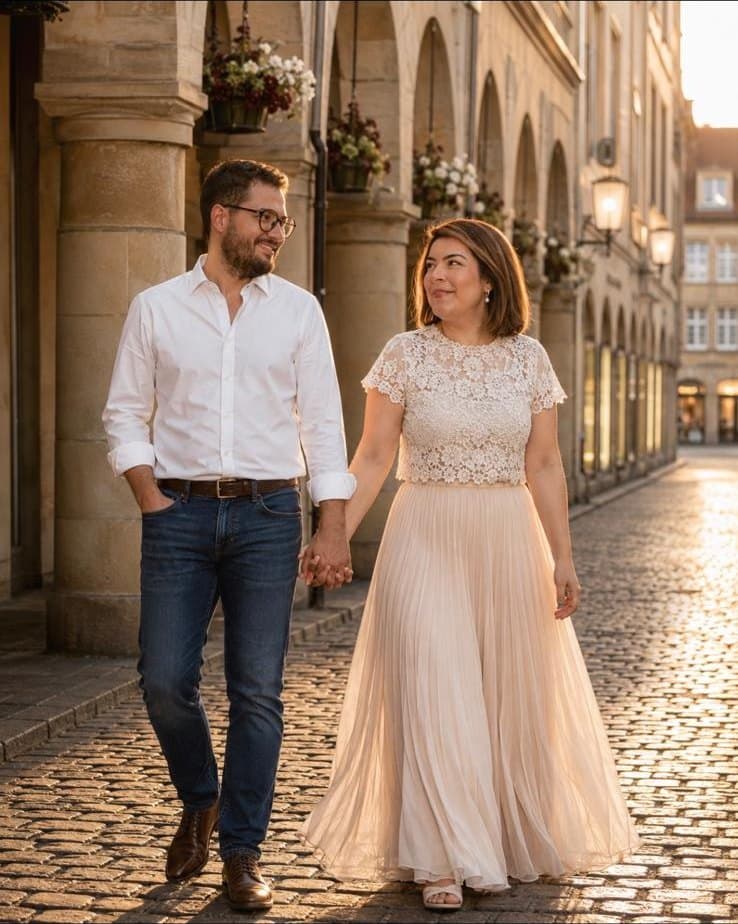 Anahita und Max gehen Hand in Hand über den Prinzipalmarkt in Münster